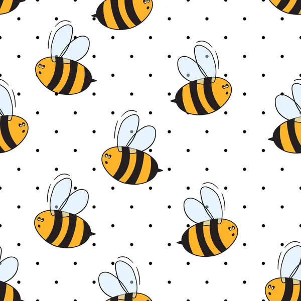 Beyaz benekli arka planda arılar olan kusursuz bir desen. Küçük eşekarısı. Vektör çizimi. Sevimli çizgi film karakteri. Davetiye, kart, tekstil, kumaş için şablon tasarımı. Doodle tarzı