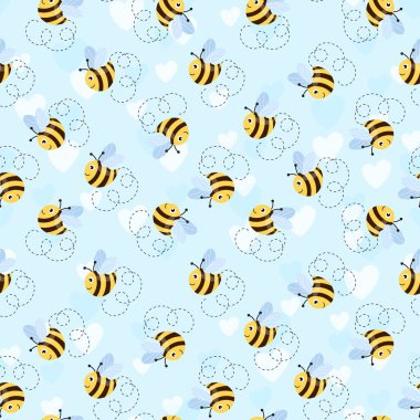 Renkli arka planda arılar ve kalpler olan kusursuz bir desen. Küçük eşekarısı. Vektör çizimi. Sevimli çizgi film karakteri. Davetiye, kart, tekstil, kumaş için şablon tasarımı. Doodle tarzı.