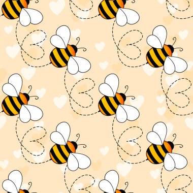 Renkli arka planda arılar ve kalpler olan kusursuz bir desen. Küçük eşekarısı. Vektör çizimi. Sevimli çizgi film karakteri. Davetiye, kart, tekstil, kumaş için şablon tasarımı. Doodle tarzı.
