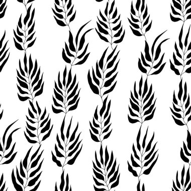 Çiçeksiz, el yapımı yapraklar. Güzel bir sonbahar siyah beyaz arka plan. Tropik çim dalları. Modern çiçek kompozisyonları. Duvar kağıdı, poster, kumaş ve tekstil için moda vektör çizimi