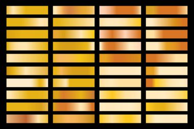 Parlak altın hologramlı metalik gradyan koleksiyonu. Holografik folyo dokusu, altın gül, kahverengi ve altın oyma. Çerçeve, kurdele, sınır, diğer tasarım için vektör ayarlandı
