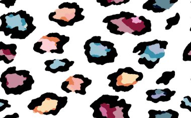 Soyut modern leopar pürüzsüz desen. Hayvanlar modaya uygun arka plan. Baskı, kart, kartpostal, kumaş ve tekstil için gökkuşağı ve beyaz dekoratif vektör stoku çizimi. Modern stilize cilt süsü