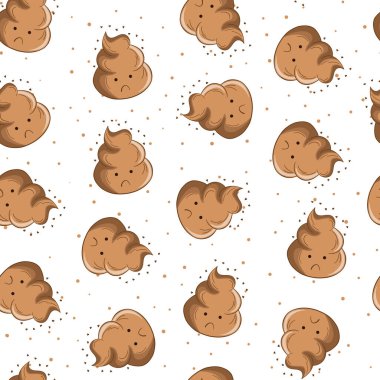 Seamless pattern with kawaii poop on white background. Cartoon poo, feces icons. Shit patterns, evil turd. Vector illustration for invitation, poster, card, fabric, textile. Doodle style
