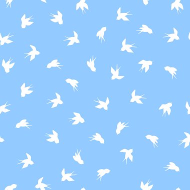 Mavi arka planda beyaz kırlangıç silueti olan kusursuz desen. Uçan sevimli bir kuş. Vektör çizimi. Doodle tarzı. Davetiye, poster, kart, kumaş, tekstil için tasarım