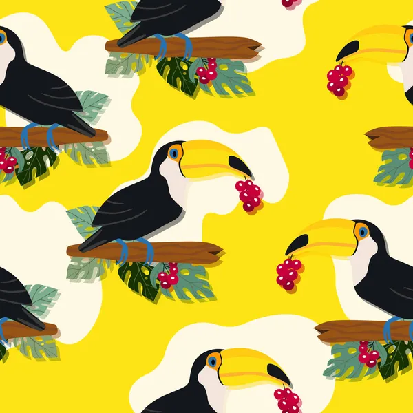 Kusursuz desenli, dalında çizgi film karakteri olan bir tukan kuşu. Duvar kağıdı, kumaş ve tekstil için vektör çizimi. Yaz egzotik baskısı. Çiçekli canavar yapraklı tropik bir tukan.