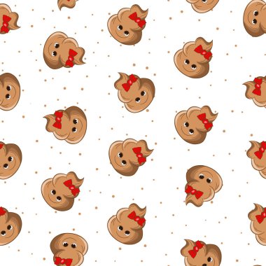Seamless pattern with kawaii poop on white background. Cartoon poo, feces icons. Shit patterns, evil turd. Vector illustration for invitation, poster, card, fabric, textile. Doodle style