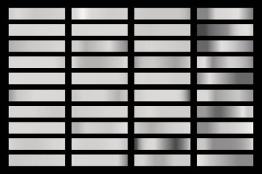 Parlak gümüş hologramlı metalik gradyan koleksiyonu. Holografik folyo dokusu, krom metal oyması. Çerçeve, kurdele, sınır, kapak, pankart ve diğer tasarım için vektör ayarlandı