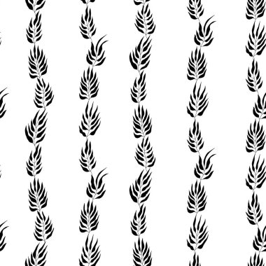 Çiçeksiz, el yapımı yapraklar. Güzel bir sonbahar siyah beyaz arka plan. Tropik çim dalları. Modern çiçek kompozisyonları. Duvar kağıdı, poster, kumaş ve tekstil için moda vektör çizimi