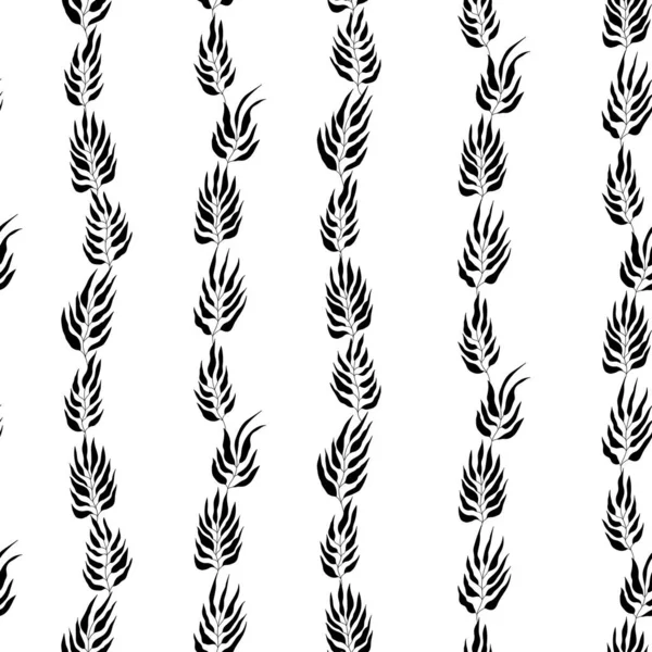 Çiçeksiz, el yapımı yapraklar. Güzel bir sonbahar siyah beyaz arka plan. Tropik çim dalları. Modern çiçek kompozisyonları. Duvar kağıdı, poster, kumaş ve tekstil için moda vektör çizimi