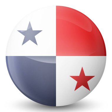 Panama bayrağıyla cam ışıklı top. Yuvarlak küre, şablon simgesi. Ulusal sembol. Parlak gerçekçi top, beyaz arkaplanda işaretlenmiş üç boyutlu soyut vektör çizimi. Büyük kabarcık.