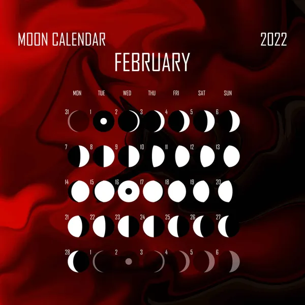 Mondkalender Februar 2022. Astrologisches Kalenderdesign. Planer. Platz für Aufkleber. Monat-Zyklus-Planer-Attrappe. Isolierte Farbe flüssigen Hintergrund — Stockvektor