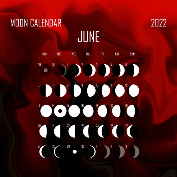 Mondkalender Juni 2022. Astrologisches Kalenderdesign. Planer. Platz für Aufkleber. Monat-Zyklus-Planer-Attrappe. Isolierte Farbe flüssigen Hintergrund — Stockvektor