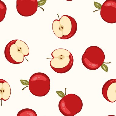 Beyaz arka planda elmalı kusursuz desen. Doğal lezzetli olgun meyveler. Baskı, kumaş, tekstil, pankart ve diğer tasarım için vektör çizimi. Yapraklı elmalar. Yiyecek konsepti