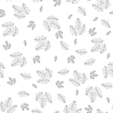 Siyah ve beyaz dalları olan yay gibi pürüzsüz bir desen. Kumaş, tekstil, duvar kağıdı, posterler, kağıt için vektör stok çizimi. Moda baskısı. Yapraklı dal. Doodle tarzı