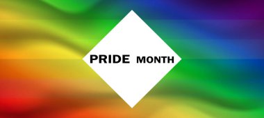 Gökkuşağı arka planında gurur dolu bir ay. LGBT bayrağı. Şablon tasarımı, vektör çizimi. Aşk kazanır. Renkli semboller. Eşcinsel gurur koleksiyonu. Pankart