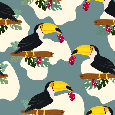 Kusursuz desenli, dalında çizgi film karakteri olan bir tukan kuşu. Duvar kağıdı, kumaş ve tekstil için vektör çizimi. Yaz egzotik baskısı. Çiçekli canavar yapraklı tropik bir tukan.