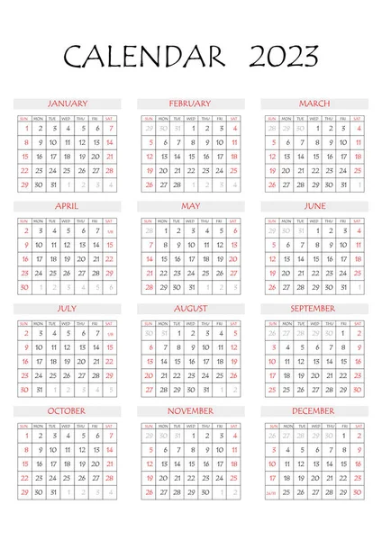 2023年カレンダープランナー。１週間だ。テンプレートのレイアウト、 12ヶ月、毎年、白の背景。ビジネスパンフレット、チラシ、印刷メディア、広告のためのシンプルなデザイン。週は月曜日から始まる — ストックベクタ