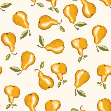 Beyaz zemin üzerinde armut olan kusursuz desen. Doğal lezzetli taze olgun meyveler. Baskı, kumaş, tekstil, pankart ve diğer tasarım için vektör çizimi. Yapraklı stilize armutlar. Yiyecek konsepti
