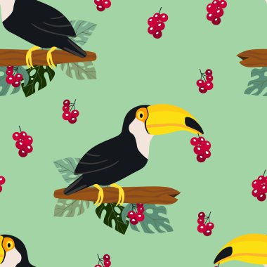 Kusursuz desenli, dalında çizgi film karakteri olan bir tukan kuşu. Duvar kağıdı, kumaş ve tekstil için vektör çizimi. Yaz egzotik baskısı. Çiçekli canavar yapraklı tropik bir tukan.