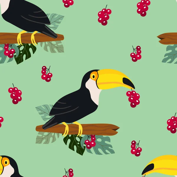 Kusursuz desenli, dalında çizgi film karakteri olan bir tukan kuşu. Duvar kağıdı, kumaş ve tekstil için vektör çizimi. Yaz egzotik baskısı. Çiçekli canavar yapraklı tropik bir tukan.
