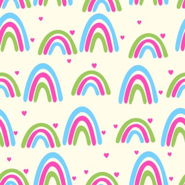 Renkli gökkuşağı renkleriyle renksiz modaya uygun bir model. Davetiye, poster, kart, kumaş, tekstil, kumaş tasarımı. Bebek için şirin bir tatil illüstrasyonu. Doodle tarzı