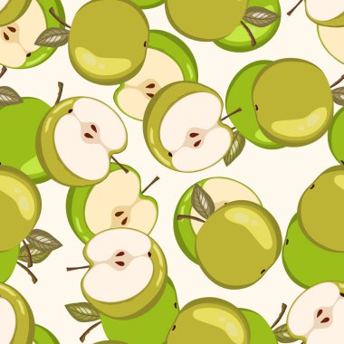 Beyaz arka planda elmalı kusursuz desen. Doğal lezzetli taze lezzetli meyve. Baskı, kumaş, tekstil, pankart ve diğer tasarım için vektör çizimi. Yapraklı elmalar. Yiyecek konsepti