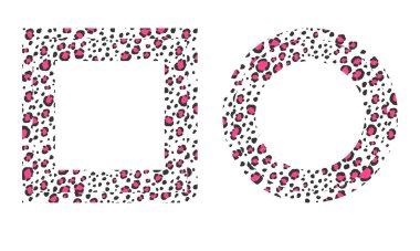 Modern stilize leopar derisi süsüsüyle siyah beyaz çerçeve. Mandala şeklinde kare şeklinde. Hayvan süsüsüyle dekoratif sınır. Moda deri cilt. Uzayı kopyala Vektör illüstrasyonu