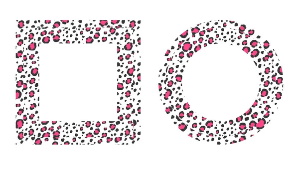 Cadre noir et blanc avec ornement moderne en peau de léopard stylisée. Modèle carré en forme de mandala. Bordure décorative avec ornement animal. Peau en cuir tendance. Espace de copie. Illustration vectorielle — Image vectorielle