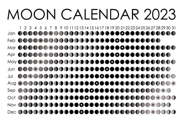 2023 Calendario lunar. Diseño del calendario astrológico. Planificador. Lugar para pegatinas. Mes planificador de ciclos maqueta. Fondo blanco y negro aislado — Vector de stock