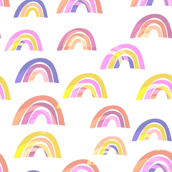 Trendiges, nahtloses Muster mit buntem Regenbogen auf weißem Hintergrund. Design für Einladung, Plakat, Karte, Stoff, Textil, Stoff. Nette Urlaubsillustration für Baby. Skandinavischer Doodle-Stil — Stockvektor