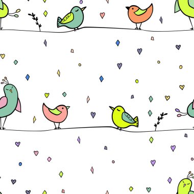 Garip renkli kuşların kabloların üzerinde oturduğu kusursuz bir desen. Çizgi film kuşuyla renklendirilmiş düz vektör çizimi. Sevimli karakterler. Çocuklar için davetiye, el ilanı, tekstil, kumaş tasarımı
