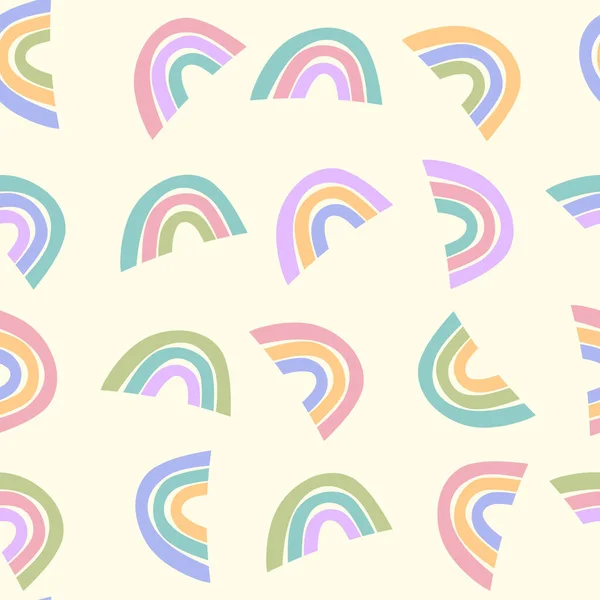 Trendig sömlös mönster med färgglada regnbåge på färg bakgrund. Design för inbjudan, affisch, kort, tyg, textil, tyg. Söt semester illustration för baby. Skandinavisk klotter stil — Stock vektor