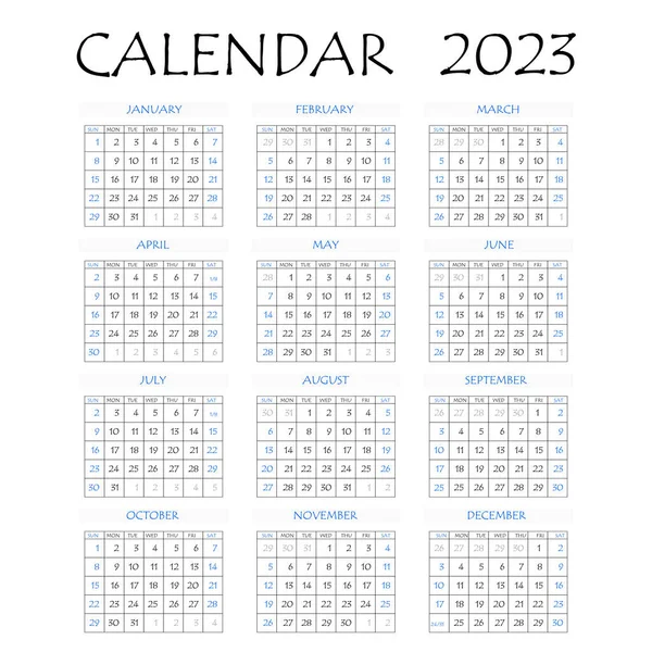 2023 προγραμματιστής ημερολογίου. Εταιρική εβδομάδα. Διάταξη προτύπου, 12 μήνες ετησίως, λευκό φόντο. Απλός σχεδιασμός για επιχειρηματικό φυλλάδιο, φυλλάδιο, έντυπα μέσα, διαφήμιση. Εβδομάδα ξεκινά από τη Δευτέρα — Διανυσματικό Αρχείο
