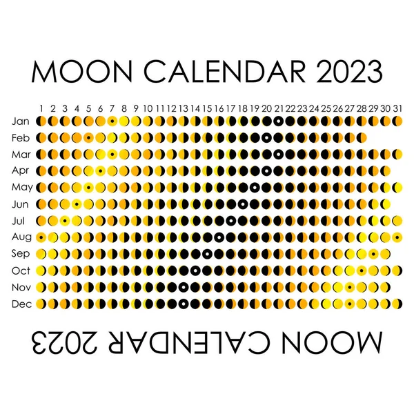 Calendrier lunaire 2023. Conception de calendrier astrologique. planificateur. Place pour autocollants. Modélisation du planificateur du cycle du mois. Fond noir et blanc isolé — Image vectorielle