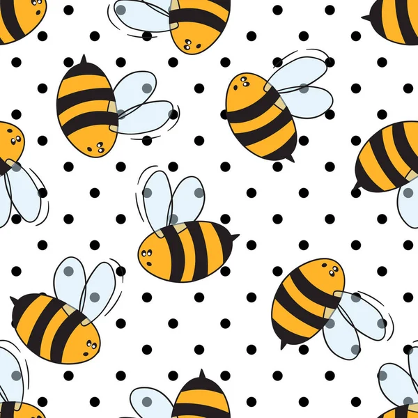 白色圆点背景上有蜜蜂的无缝图案。小黄蜂。矢量图解。可敬的卡通人物请帖、卡片、纺织品、面料模板设计.涂鸦风格 — 图库矢量图片