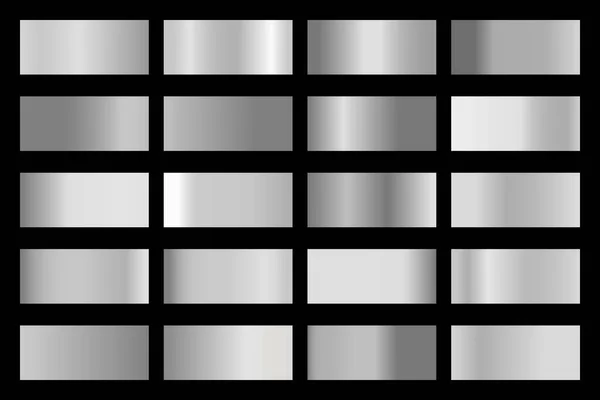 Colección de gradientes metálicos con holograma plateado brillante. Textura de lámina olográfica, gradación de metal cromado. Conjunto de vectores para marco, cinta, borde, cubierta, pancarta, otro diseño — Vector de stock