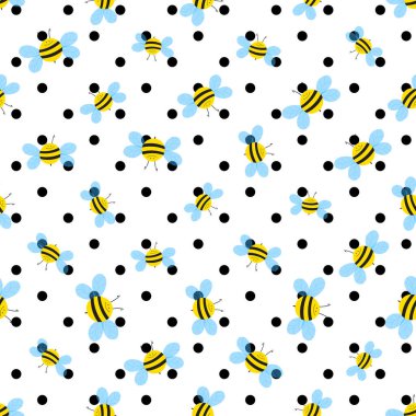Beyaz benekli arka planda arılar olan kusursuz bir desen. Küçük eşekarısı. Vektör çizimi. Sevimli çizgi film karakteri. Davetiye, kart, tekstil, kumaş için şablon tasarımı. Doodle tarzı