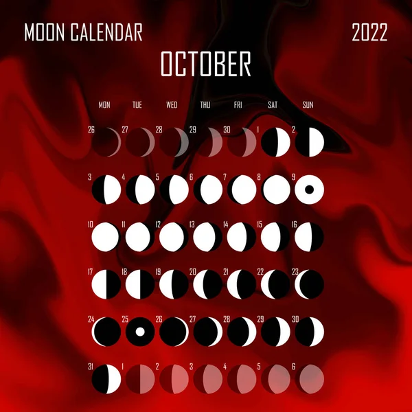 Mondkalender Oktober 2022. Astrologisches Kalenderdesign. Planer. Platz für Aufkleber. Monat-Zyklus-Planer-Attrappe. Isolierte Farbe flüssigen Hintergrund — Stockvektor