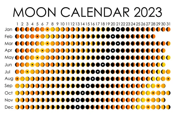 2023 Calendario lunar. Diseño del calendario astrológico. Planificador. Lugar para pegatinas. Mes planificador de ciclos maqueta. Fondo blanco y negro aislado — Vector de stock