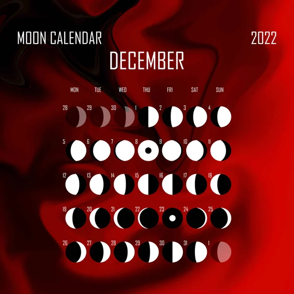 Mondkalender Dezember 2022. Astrologisches Kalenderdesign. Planer. Platz für Aufkleber. Monat-Zyklus-Planer-Attrappe. Isolierte Farbe flüssigen Hintergrund — Stockvektor