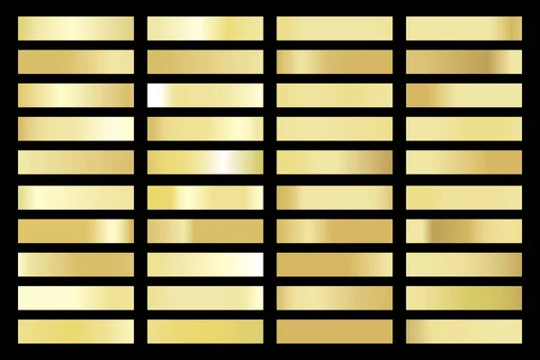 Collezione di gradienti metallici con ologramma in oro lucido. Struttura olografica della stagnola, rosa dell'oro, gradazione marrone e dorata. Set vettoriale per telaio, nastro, bordo, altro design — Vettoriale Stock