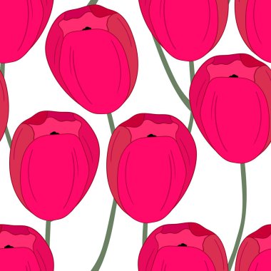 Pembe laleli bahar renkli vektör çizimi. Çizgi film tarzı. Kumaş, tekstil, kağıt için tasarım. Paskalya, doğum günü, 8 Mart 'ta tatil baskısı. Yapraklı çiçekler