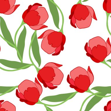 Kırmızı laleli bahar renkli vektör çizimi. Çizgi film tarzı. Kumaş, tekstil, kağıt için tasarım. Paskalya, doğum günü, 8 Mart 'ta tatil baskısı. Yapraklı çiçekler