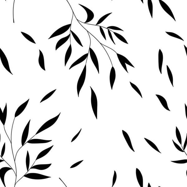 Floreale senza cuciture con foglie disegnate a mano. Carino autunno sfondo bianco e nero. Rami di erba tropicale. Composizioni floreali moderne. Illustrazione vettoriale di moda per carta da parati, poster, tessuto, tessile — Vettoriale Stock