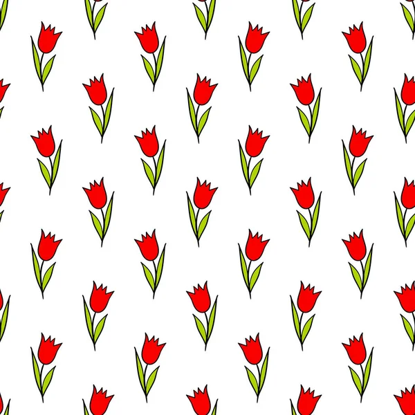 Primavera colorato illustrazione vettoriale con tulipani rossi. Stile cartone animato. Design per tessuto, tessile, carta. Stampa festiva per Pasqua, Compleanno, 8 marzo. Fiori con foglie — Vettoriale Stock