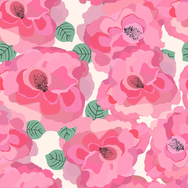 Wiosna kolorowe wektor ilustracja z różowymi różami. Styl kreskówki. Projektowanie tkanin, tkanin, papieru. Świąteczny druk na Wielkanoc, Urodziny, 8 marca. Kwiaty z liśćmi — Wektor stockowy