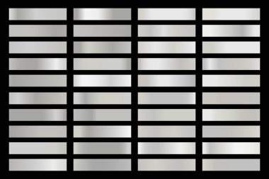 Parlak gümüş hologramlı metalik gradyan koleksiyonu. Holografik folyo dokusu, krom metal oyması. Çerçeve, kurdele, sınır, kapak, pankart ve diğer tasarım için vektör ayarlandı