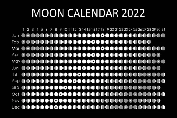 Mondkalender 2022. Astrologisches Kalenderdesign. Planer. Platz für Aufkleber. Monat-Zyklus-Planer-Attrappe. Isolierter schwarzweißer Hintergrund — Stockvektor