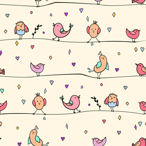 Бесшовный рисунок с забавными красочными птицами, сидящими на проводах. Цветная плоская векторная иллюстрация с маленькой карикатурной птицей. Милые персонажи. Дизайн шаблона для приглашения, флаера, текстиля, одежды для детей — стоковый вектор