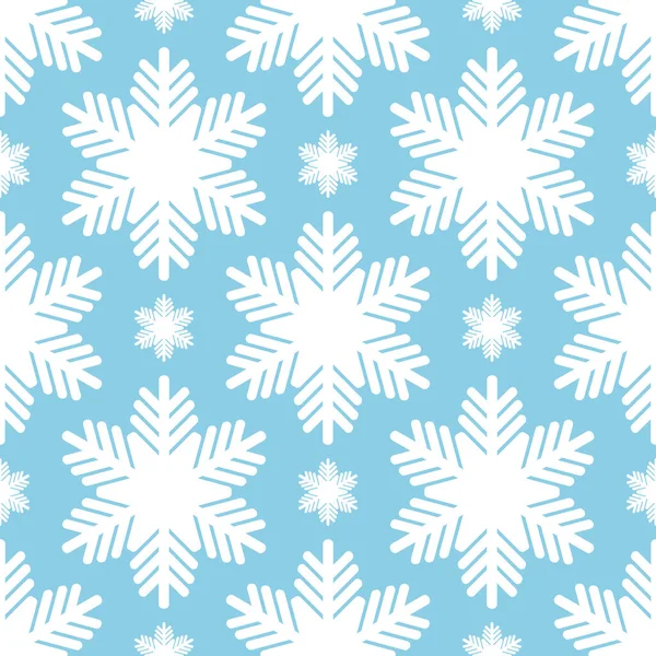 青い背景に白い雪片と冬のシームレスなパターン。布、テキスタイル壁紙、ポスター、ギフト包装紙のためのベクトルイラスト。クリスマスベクトルイラスト。降雪 — ストックベクタ